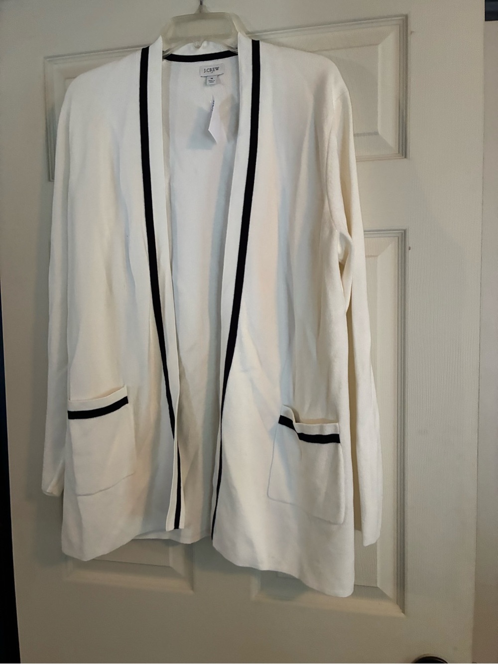 J. Crew White Open-Front Cardigan with Black Trim